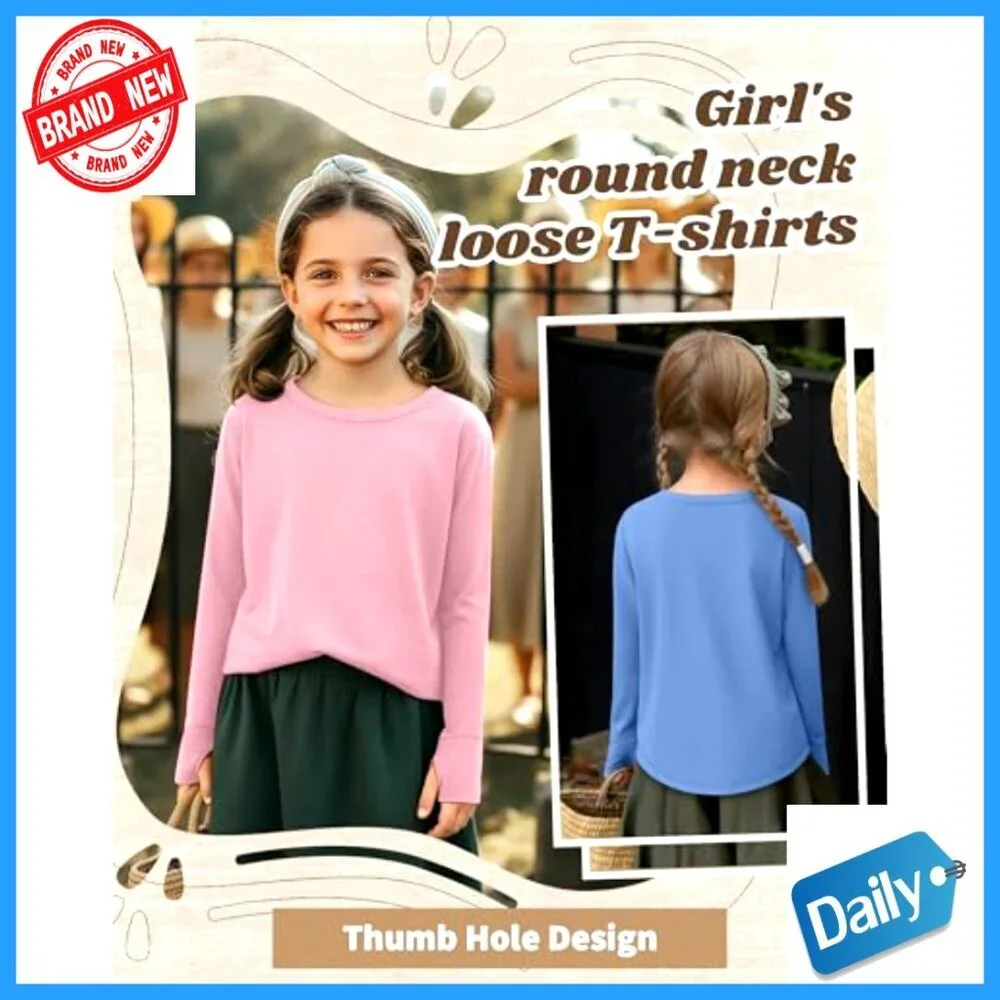 3 Pack Girls Long Sleeve Tees with Thumb Holes Cotton Crew Neck Layering Tops